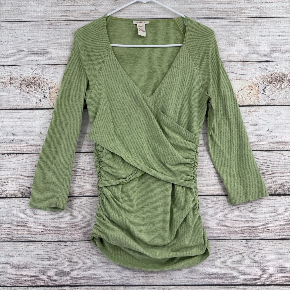 Sundance Dress Womens Small Green Long Sleeve Ruched Wrap Stretch Mini Draped